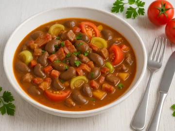 Nierenragout mit Schweinenieren, Speck, Porree und Tomaten in weißer Schüssel auf hellem Holztisch mit Besteck und Deko