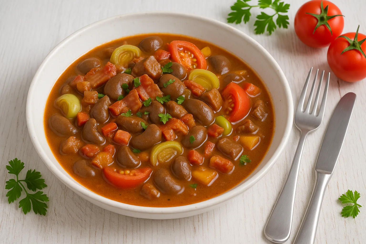 Nierenragout mit Schweinenieren, Speck, Porree und Tomaten in weißer Schüssel auf hellem Holztisch mit Besteck und Deko
