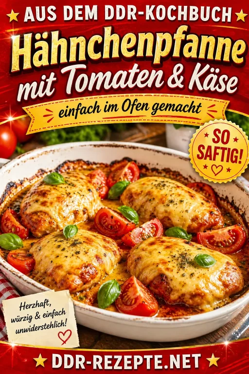 Hähnchenpfanne mit Tomaten und Käse aus dem Ofen einfach zubereitet