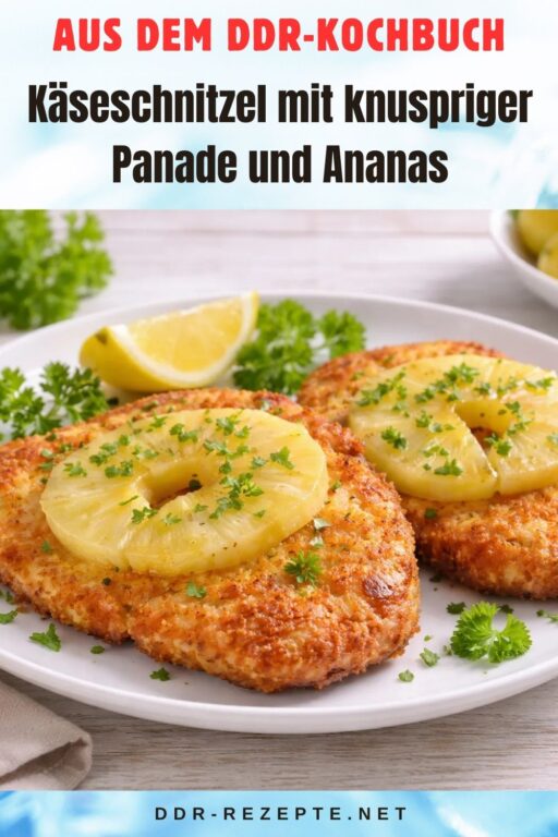 Käseschnitzel mit knuspriger Panade und Ananas