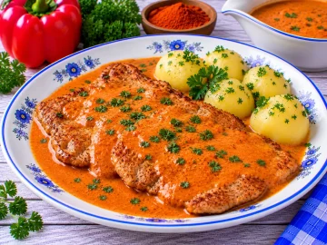 Gebratenes Schweineschnitzel mit cremiger roter Paprika-Sahne-Soße.