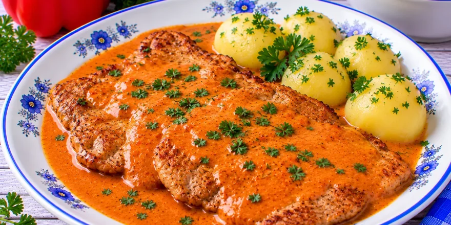 Gebratenes Schweineschnitzel mit cremiger roter Paprika-Sahne-Soße.