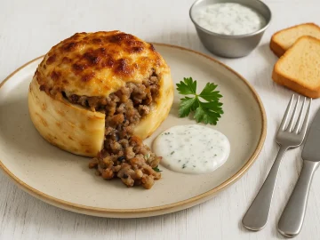 Überbackene Sellerieknolle mit Hackfleisch-Pilz-Füllung, serviert mit Sauce Tatar auf Teller