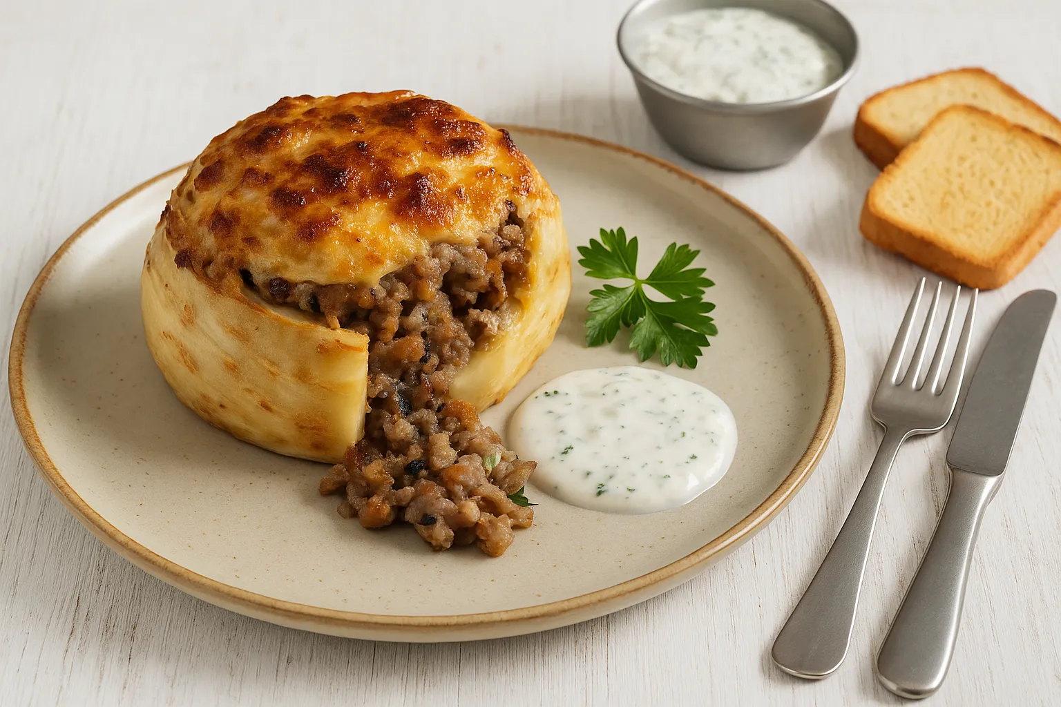 Überbackene Sellerieknolle mit Hackfleisch-Pilz-Füllung, serviert mit Sauce Tatar auf Teller