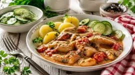 Teller mit geschnetzeltem Fisch in cremiger Tomatensoße, garniert mit Kräutern, dazu Kartoffeln und Gurkensalat auf hellem Holztisch