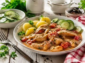 Teller mit geschnetzeltem Fisch in cremiger Tomatensoße, garniert mit Kräutern, dazu Kartoffeln und Gurkensalat auf hellem Holztisch