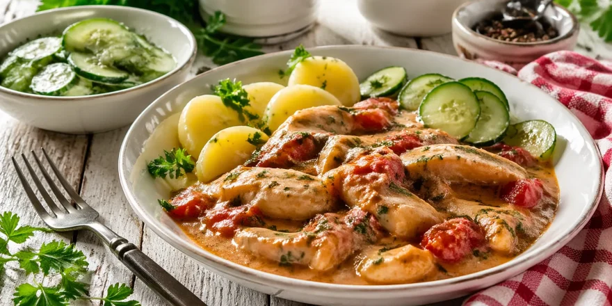 Teller mit geschnetzeltem Fisch in cremiger Tomatensoße, garniert mit Kräutern, dazu Kartoffeln und Gurkensalat auf hellem Holztisch