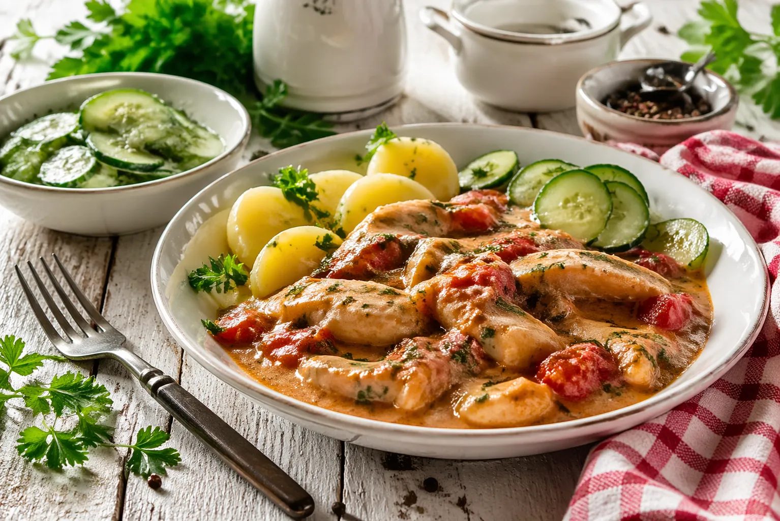 Teller mit geschnetzeltem Fisch in cremiger Tomatensoße, garniert mit Kräutern, dazu Kartoffeln und Gurkensalat auf hellem Holztisch