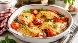 Saftige Hähnchenpfanne mit Tomaten und geschmolzenem Käse in einer weißen Auflaufform auf rustikalem Holztisch