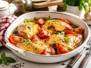 Saftige Hähnchenpfanne mit Tomaten und geschmolzenem Käse in einer weißen Auflaufform auf rustikalem Holztisch