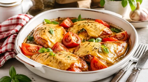 Saftige Hähnchenpfanne mit Tomaten und geschmolzenem Käse in einer weißen Auflaufform auf rustikalem Holztisch