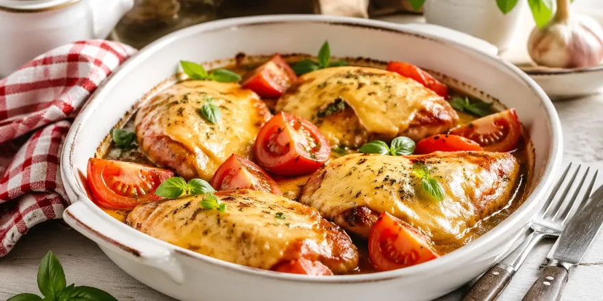 Saftige Hähnchenpfanne mit Tomaten und geschmolzenem Käse in einer weißen Auflaufform auf rustikalem Holztisch