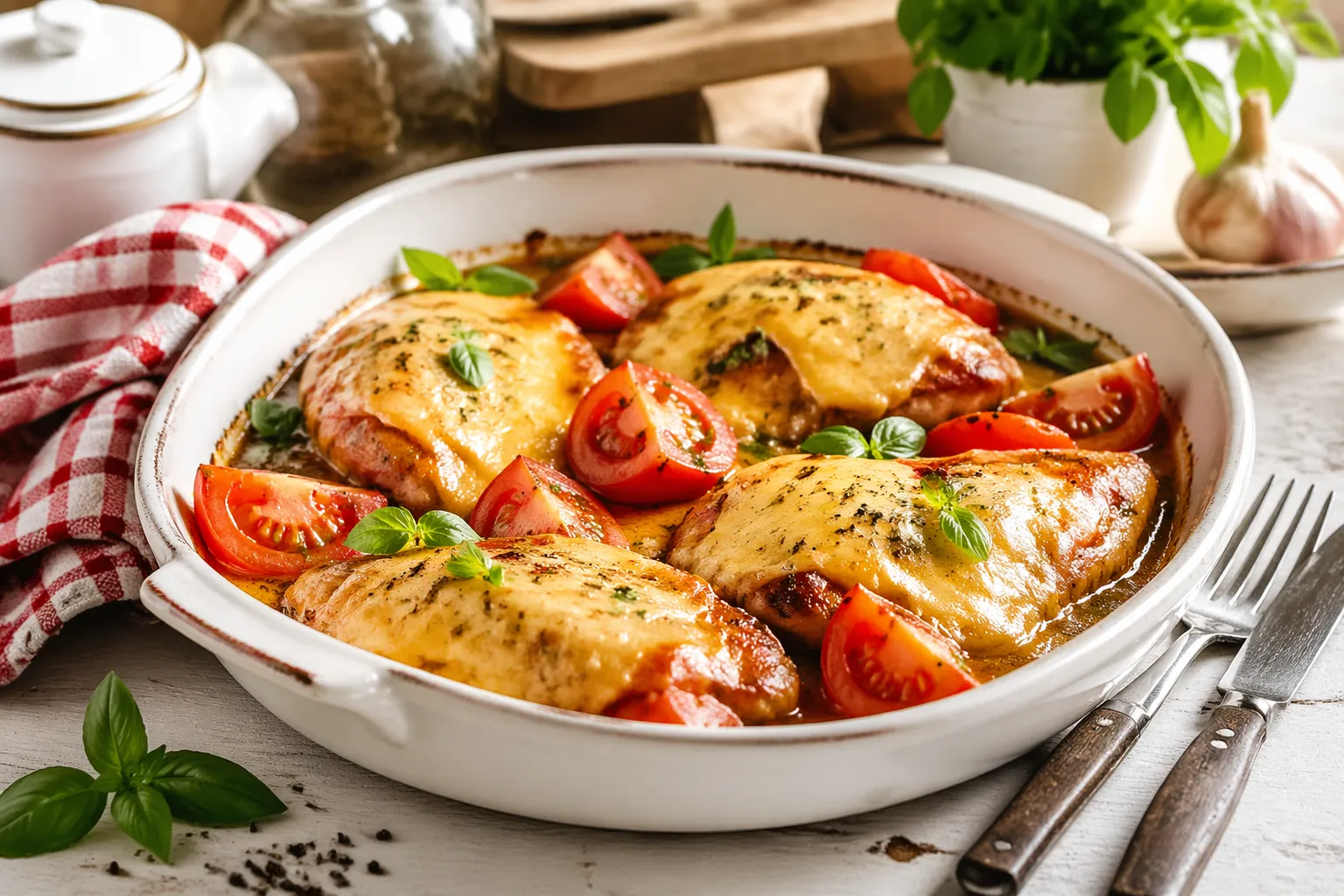 Saftige Hähnchenpfanne mit Tomaten und geschmolzenem Käse in einer weißen Auflaufform auf rustikalem Holztisch
