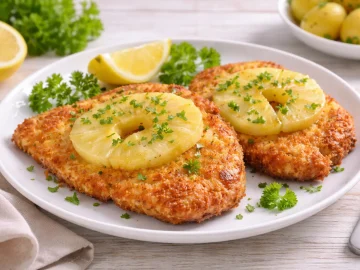 Knuspriges Käseschnitzel mit Ananasscheiben und Petersilie auf weißem Teller auf hellem Holztisch