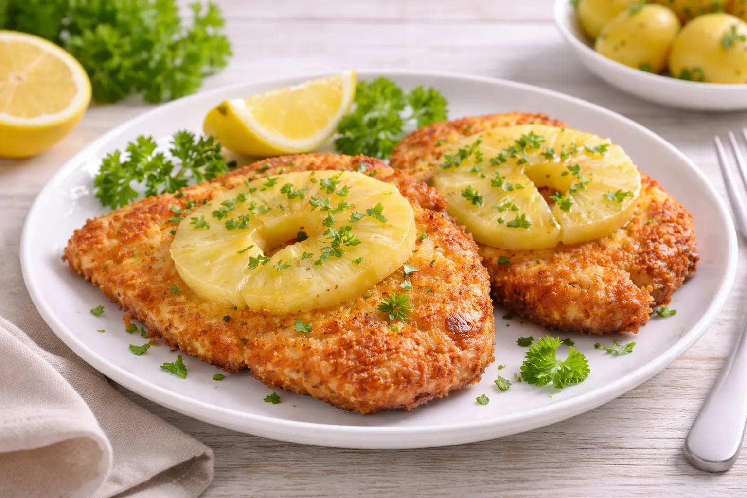Knuspriges Käseschnitzel mit Ananasscheiben und Petersilie auf weißem Teller auf hellem Holztisch