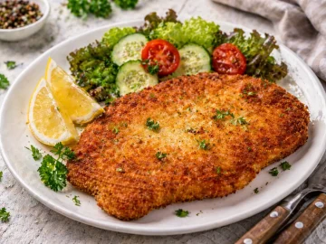 Knusprig paniertes Schnitzel mit Zitronenspalten auf weißem Teller