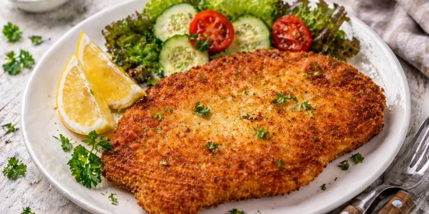 Knusprig paniertes Schnitzel mit Zitronenspalten auf weißem Teller