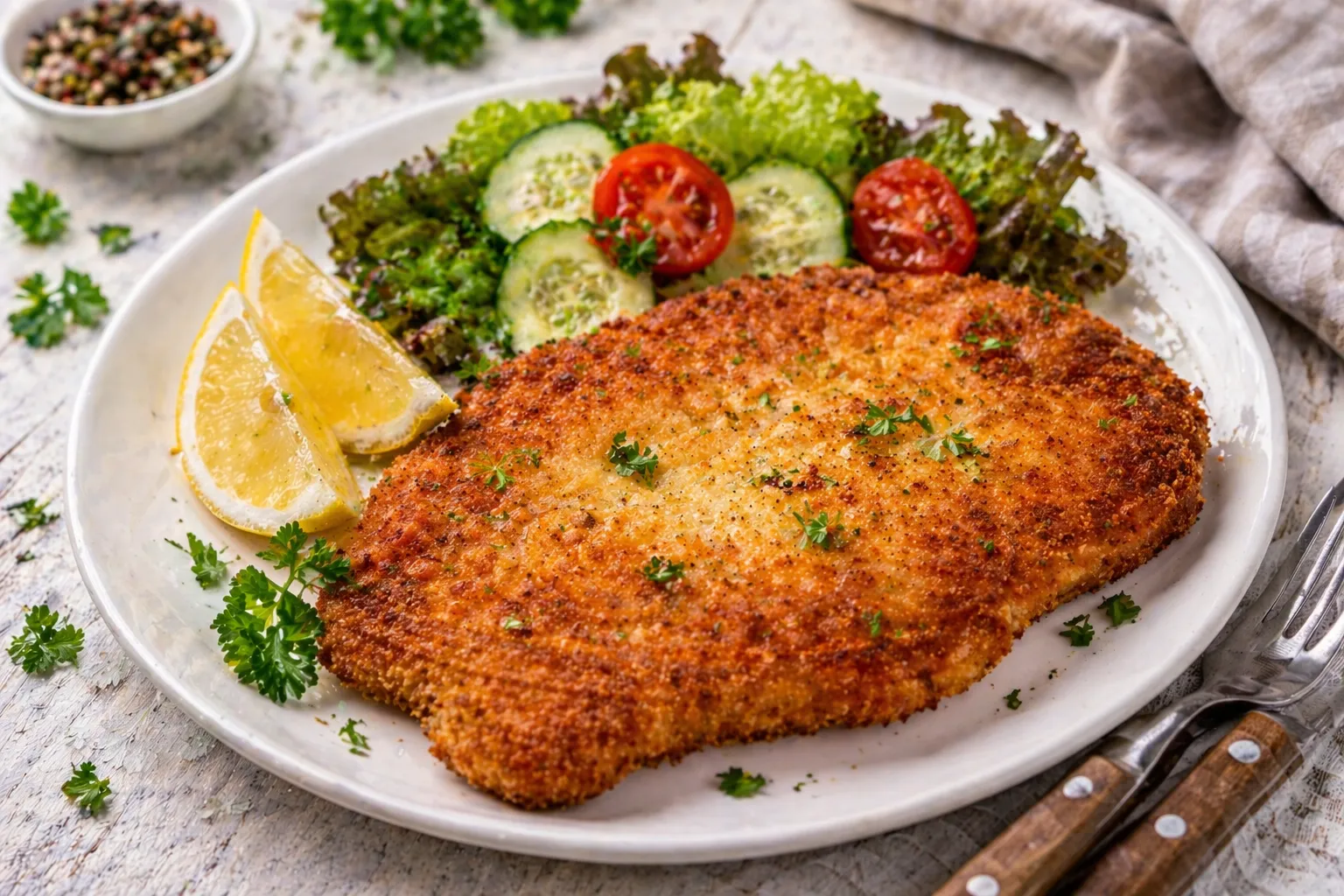 Knusprig paniertes Schnitzel mit Zitronenspalten auf weißem Teller