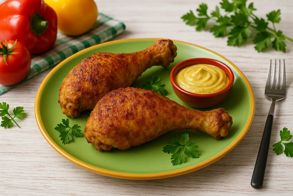  Goldbraun gebratene Putenschenkel auf grünem DDR-Teller mit Curry-Apfel-Mayonnaise, dekoriert mit Kräutern, Besteck und Gemüse auf weißem Holztisch mit Holzmaserung.