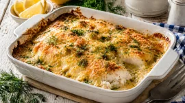 Überbackenes Fischfilet mit goldbrauner Käsekruste in einer Auflaufform, garniert mit frischem Dill auf hellem Holztisch