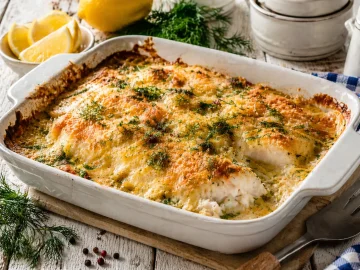 Überbackenes Fischfilet mit goldbrauner Käsekruste in einer Auflaufform, garniert mit frischem Dill auf hellem Holztisch