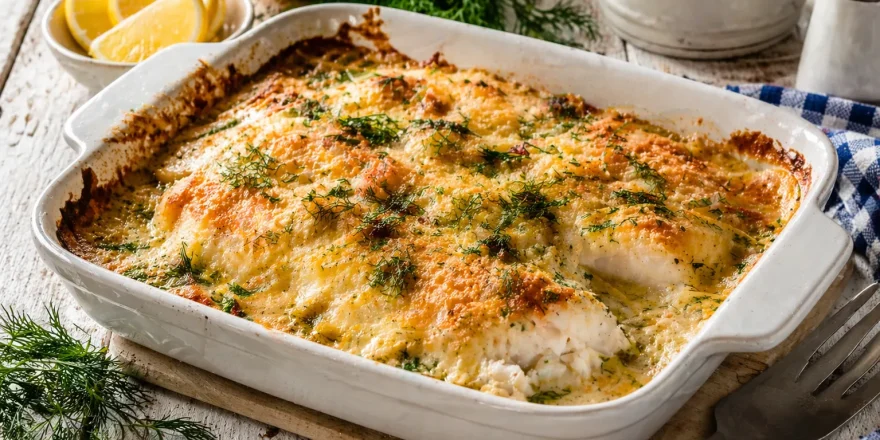 Überbackenes Fischfilet mit goldbrauner Käsekruste in einer Auflaufform, garniert mit frischem Dill auf hellem Holztisch