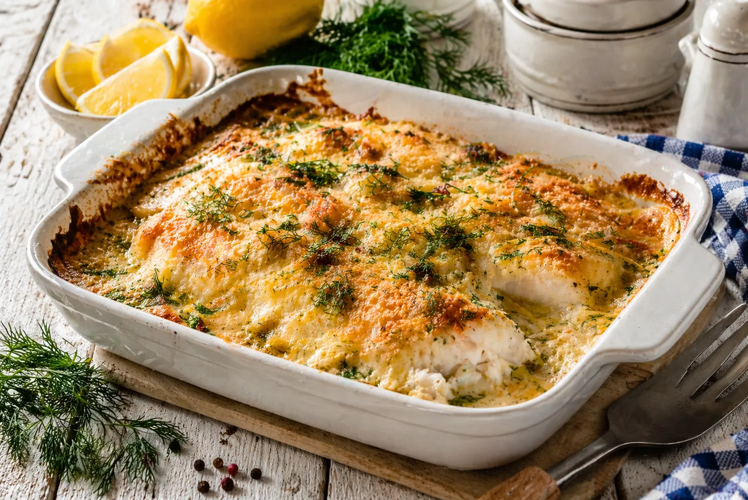 Überbackenes Fischfilet mit goldbrauner Käsekruste in einer Auflaufform, garniert mit frischem Dill auf hellem Holztisch