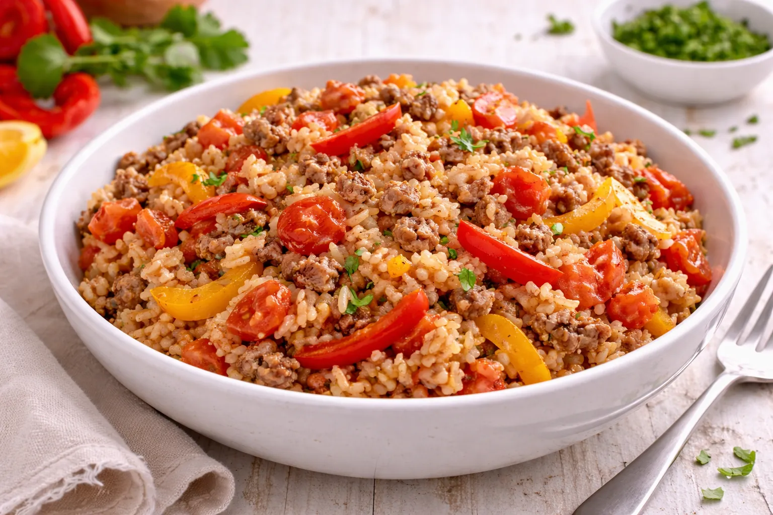 Reisgericht mit Hackfleisch, Paprika und Tomaten in heller Schüssel auf weißem Holzhintergrund