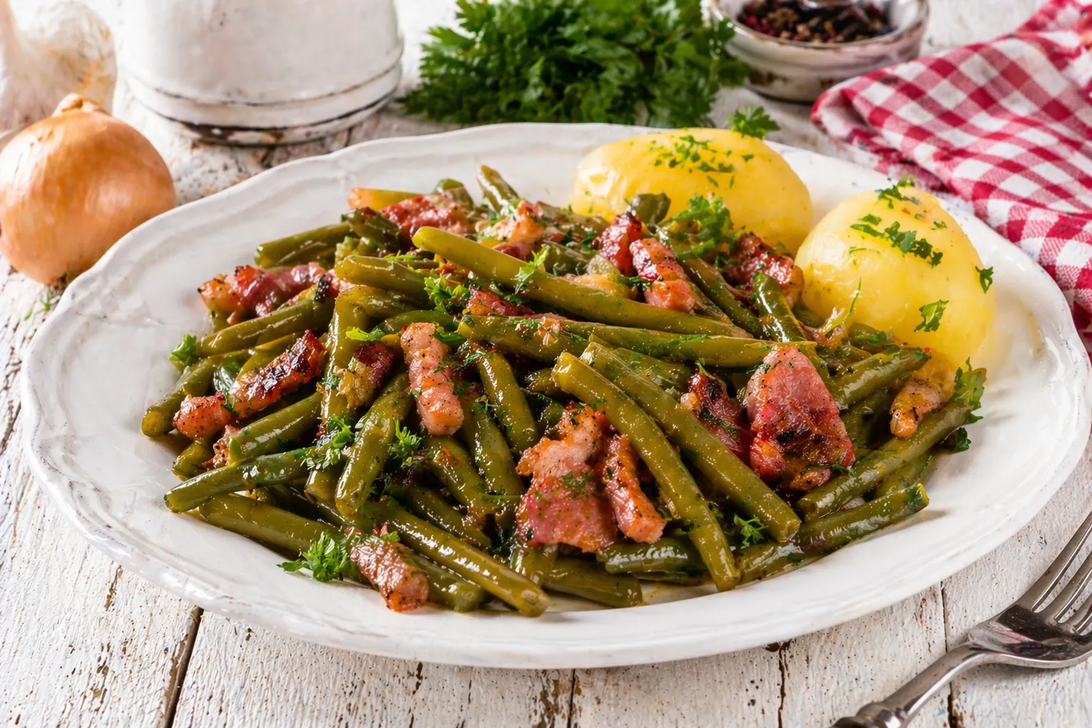 Teller mit grünen Bohnen und knusprigem Speck, garniert mit Petersilie auf hellem Holztisch