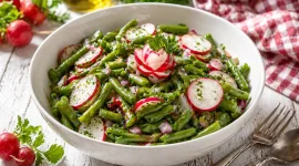 Grüne Bohnen mit Radieschen, Zwiebeln und Kräutern in einer weißen Schüssel auf hellem Holztisch angerichtet