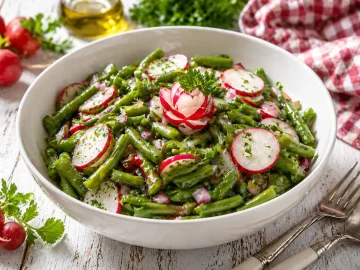 Grüne Bohnen mit Radieschen, Zwiebeln und Kräutern in einer weißen Schüssel auf hellem Holztisch angerichtet