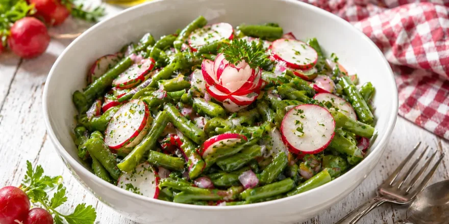 Grüne Bohnen mit Radieschen, Zwiebeln und Kräutern in einer weißen Schüssel auf hellem Holztisch angerichtet
