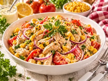 Hühnersalat mit Mais, Tomaten, Zwiebeln und Petersilie in cremigem Dressing in einer weißen Schüssel