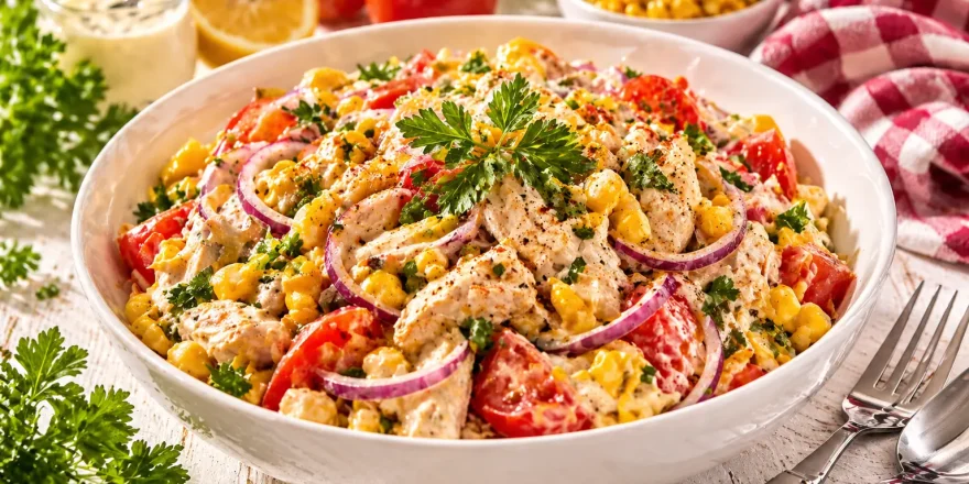 Hühnersalat mit Mais, Tomaten, Zwiebeln und Petersilie in cremigem Dressing in einer weißen Schüssel