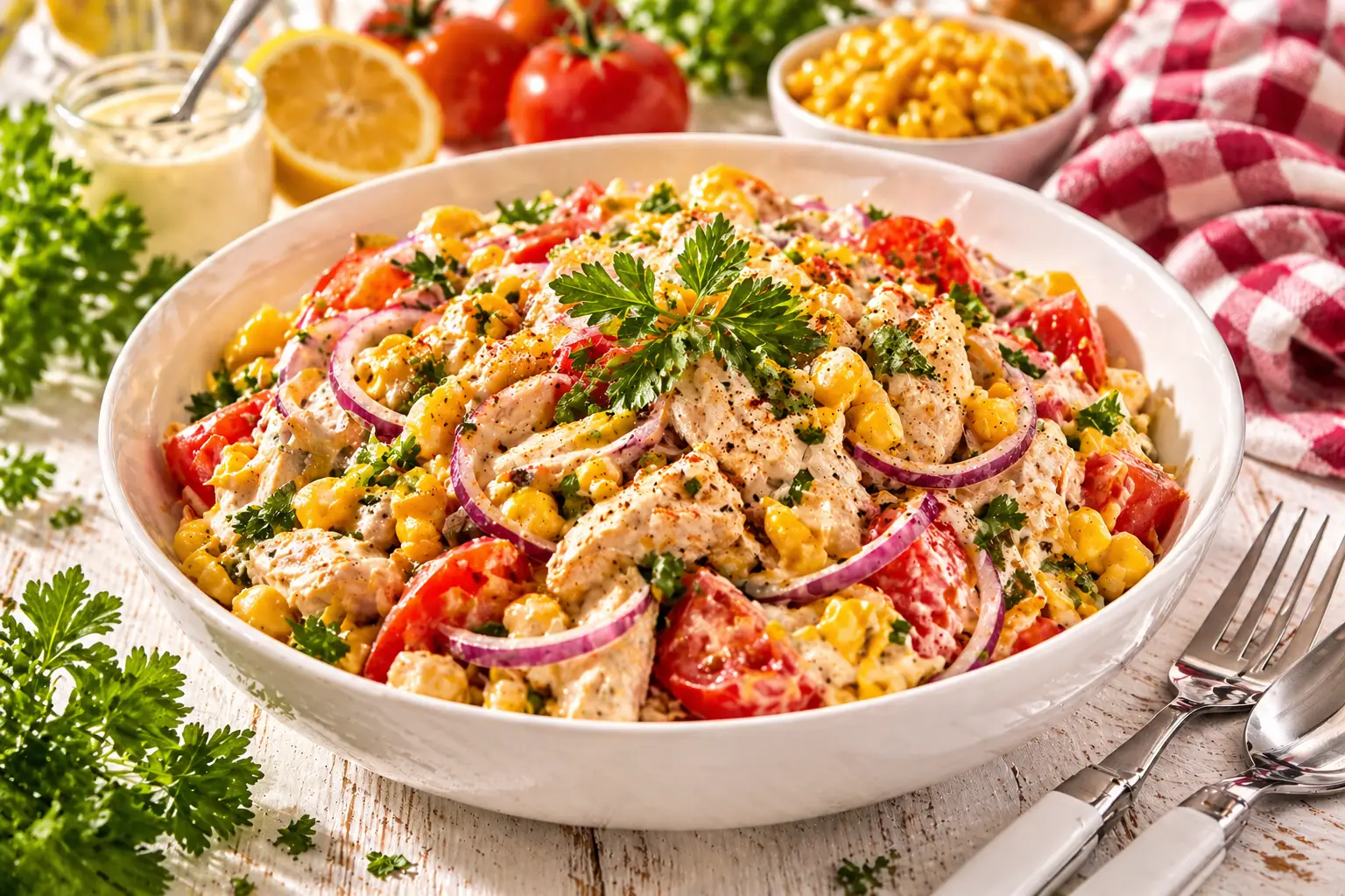 Hühnersalat mit Mais, Tomaten, Zwiebeln und Petersilie in cremigem Dressing in einer weißen Schüssel