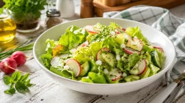 Bunter Kopfsalat mit Radieschen, Gurken und frischem Kräuterdressing in weißer Schüssel auf Holztisch