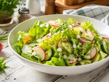 Bunter Kopfsalat mit Radieschen, Gurken und frischem Kräuterdressing in weißer Schüssel auf Holztisch