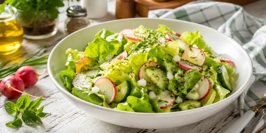 Bunter Kopfsalat mit Radieschen, Gurken und frischem Kräuterdressing in weißer Schüssel auf Holztisch