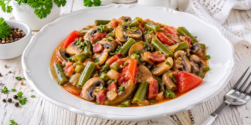 Buntes Gemüseragout mit grünen Bohnen, Pilzen und Tomaten in einer weißen Schüssel auf rustikalem Holztisch angerichtet