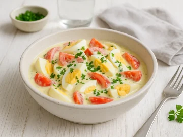 Eiersalat mit Tomaten in weißer Schüssel auf rustikalem Holztisch, mit Petersilie dekoriert
