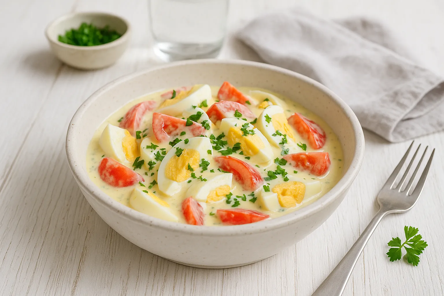Eiersalat mit Tomaten in weißer Schüssel auf rustikalem Holztisch, mit Petersilie dekoriert