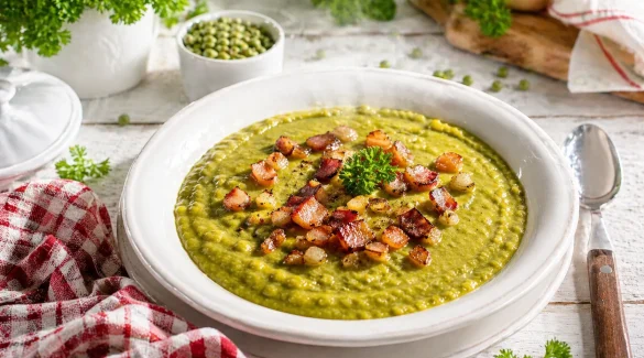 Cremiges Erbsmus in weißer Schüssel mit Speck und Zwiebeln auf rustikalem Holztisch