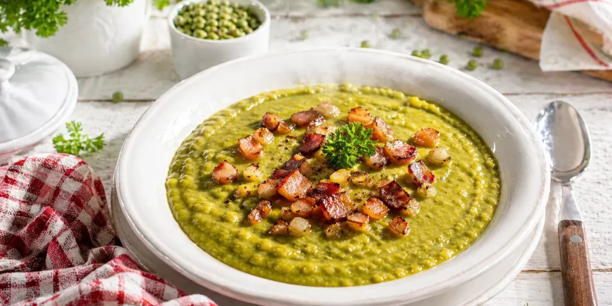 Cremiges Erbsmus in weißer Schüssel mit Speck und Zwiebeln auf rustikalem Holztisch