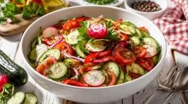 Bunter Gurkensalat mit Tomaten, Paprika, Zwiebeln und Radieschen in einer weißen Schüssel auf rustikalem Holztisch