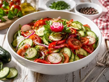 Bunter Gurkensalat mit Tomaten, Paprika, Zwiebeln und Radieschen in einer weißen Schüssel auf rustikalem Holztisch