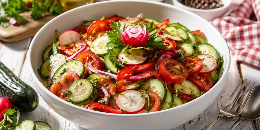 Bunter Gurkensalat mit Tomaten, Paprika, Zwiebeln und Radieschen in einer weißen Schüssel auf rustikalem Holztisch