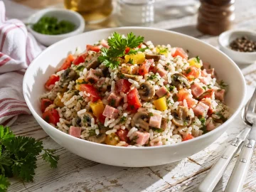 Reissalat mit Schinken, Paprika, Tomaten und Pilzen in weißer Schüssel auf rustikalem Holztisch