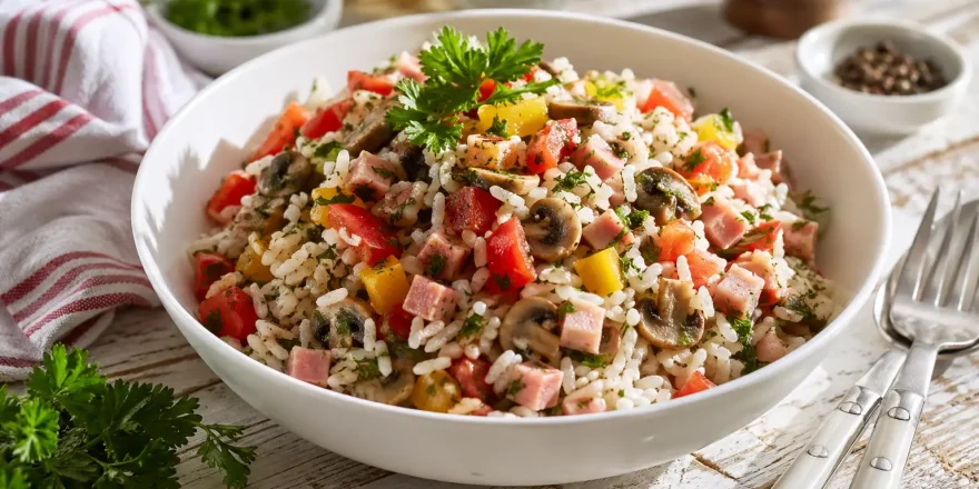 Reissalat mit Schinken, Paprika, Tomaten und Pilzen in weißer Schüssel auf rustikalem Holztisch