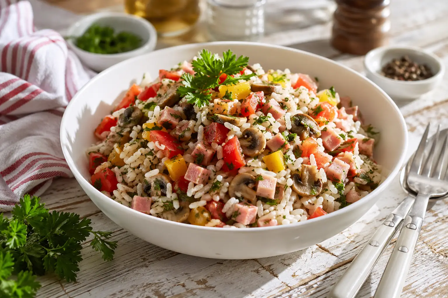 Reissalat mit Schinken, Paprika, Tomaten und Pilzen in weißer Schüssel auf rustikalem Holztisch