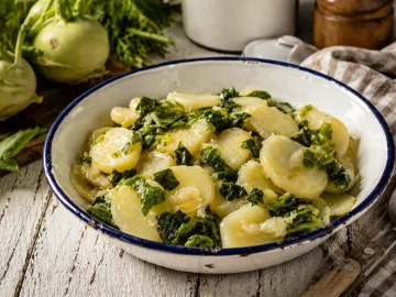 Gedünstete Kohlrabi in einer rustikalen Emaille-Schüssel auf weißem Holztisch mit Küchentuch